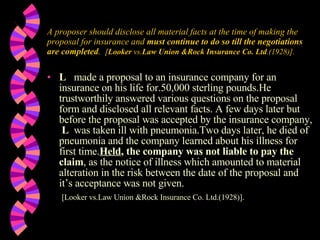 A proposer should disclose all material facts at the time of making the proposal for insurance and  must continue to do so till the negotiations are completed .  [ Looker  vs. Law Union &Rock Insurance Co. Ltd .(1928)]. L   made a proposal to an insurance company for an insurance on his life for.50,000 sterling pounds.He trustworthily answered various questions on the proposal form and disclosed all relevant facts. A few days later but before the proposal was accepted by the insurance company,  L   was taken ill with pneumonia.Two days later, he died of pneumonia and the company learned about his illness for first time. Held , the company was not liable to pay the claim , as the notice of illness which amounted to material alteration in the risk between the date of the proposal and it’s acceptance was not given.   [Looker vs.Law Union &Rock Insurance Co. Ltd.(1928)]. 
