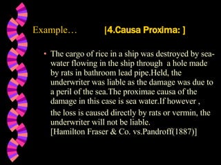 Example…   [ 4.Causa Proxima: ] The cargo of rice in a ship was destroyed by sea-water flowing in the ship through  a hole made by rats in bathroom lead pipe.Held, the underwriter was liable as the damage was due to a peril of the sea.The proximae causa of the damage in this case is sea water.If however , the loss is caused directly by rats or vermin, the underwriter will not be liable.  [Hamilton Fraser & Co. vs.Pandroff(1887)] 