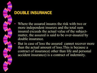 DOUBLE INSURANCE Where the assured insures the risk with two or more independent insurers and the total sum insured exceeds the actual value of the subject-matter, the assured is said to be over-insured by double insurance. But in case of loss the assured  cannot recover more than the actual amount of loss.This is because a contract of insurance( other than life and personal accident insurance) is a contract of indemnity.  