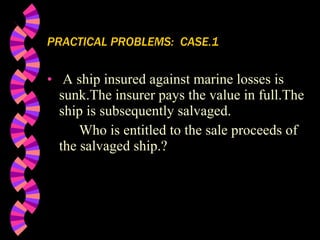 PRACTICAL PROBLEMS:  CASE.1 A ship insured against marine losses is sunk.The insurer pays the value in full.The ship is subsequently salvaged. Who is entitled to the sale proceeds of the salvaged ship.? 