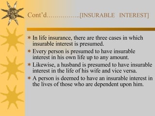 Cont’d ……………..[INSURABLE  INTEREST] In life insurance, there are three cases in which insurable interest is presumed. Every person is presumed to have insurable interest in his own life up to any amount. Likewise, a husband is presumed to have insurable interest in the life of his wife and vice versa. A person is deemed to have an insurable interest in the lives of those who are dependent upon him. 