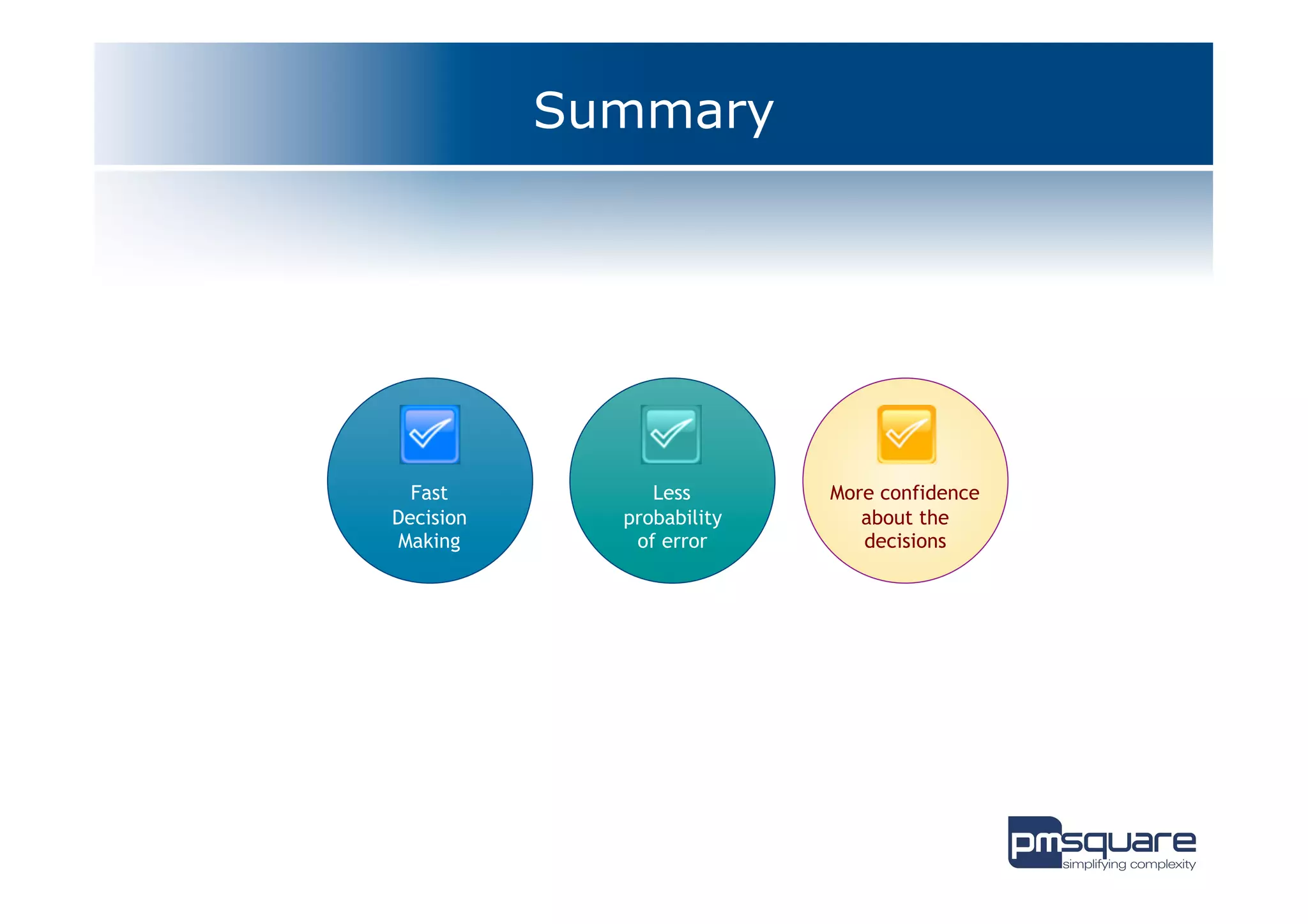 Summary




  Fast          Less       More confidence
Decision     probability      about the
 Making       of error        decisions
 