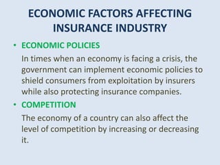 ECONOMIC FACTORS AFFECTING
INSURANCE INDUSTRY
• ECONOMIC POLICIES
In times when an economy is facing a crisis, the
government can implement economic policies to
shield consumers from exploitation by insurers
while also protecting insurance companies.
• COMPETITION
The economy of a country can also affect the
level of competition by increasing or decreasing
it.
 