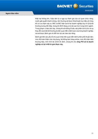 11
Ngành Bảo hiểm
25/05/2020
thiệt hại không lớn, hoặc tâm lý e ngại sự tham gia của cơ quan chức năng,
muốn giải quyết nhanh chóng, nên thường sẽ được thỏa thuận trực tiếp với nhau
khi có va chạm xảy ra. MIC và BIC hiện tại là hai doanh nghiệp duy trì tỷ lệ bồi
thường tương đối thấp, trong khi BVH đang có tỷ lệ cao hơn trung bình ngành.
Trong phạm vi báo cáo này, chúng tôi sẽ không đi sâu vào phân tích lý do và sự
thay đổi của tỷ lệ bồi thường do liên quan đến chiến lược của từng doanh nghiệp,
mà sẽ được đánh giá chi tiết hơn tại các báo cáo riêng.
Đánh giá trên các yếu tố chủ quan khác liên quan đến kênh phân phối thuận tiện;
mức độ hoàn thiện của ứng dụng, hệ thống bán hàng online; mức độ nhận diện
thương hiệu; tình hình tài chính ổn định, chúng tôi cho rằng PVI sẽ là doanh
nghiệp có lợi nhất từ giai đoạn này.
 
