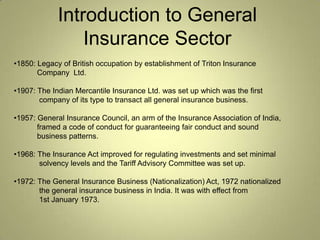 Introduction to General
                 Insurance Sector
•1850: Legacy of British occupation by establishment of Triton Insurance
       Company Ltd.

•1907: The Indian Mercantile Insurance Ltd. was set up which was the first
       company of its type to transact all general insurance business.

•1957: General Insurance Council, an arm of the Insurance Association of India,
       framed a code of conduct for guaranteeing fair conduct and sound
       business patterns.

•1968: The Insurance Act improved for regulating investments and set minimal
       solvency levels and the Tariff Advisory Committee was set up.

•1972: The General Insurance Business (Nationalization) Act, 1972 nationalized
       the general insurance business in India. It was with effect from
       1st January 1973.
 