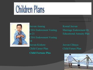 Jeevan Anurag Komal Jeevan  CDA Endowment Vesting  at 21 Marriage Endowment Or Educational Annuity Plan  CDA Endowment Vesting    18  Jeevan Kishore Jeevan Chhaya Child Career Plan Child Future Plan Child Fortune Plus       