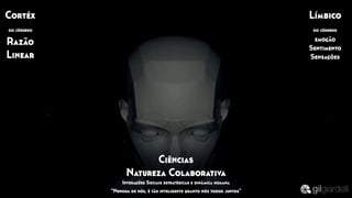 Límbico
do cérebro
emoção
Sentimento
Sensações
Cortéx
do cérebro
Razão
Linear
Ciências
Natureza Colaborativa
Interações Sociais estratégicas e dinâmica humana
“Nenhum de nós, é tão inteligente quanto nós todos juntos”
 