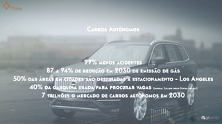 Carros Autônomos
99% menos acidentes
87 a 94% de redução em 2030 de emissão de gás
50% das áreas em cidades são destinadas a estacionamento - Los Angeles
40% da gasolina usada para procurar vagas (Imperial College urban System project)
7 trilhões o mercado de carros autônomos em 2030
 