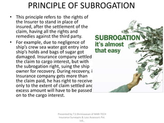 PRINCIPLE OF SUBROGATION 
• This principle refers to the rights of 
the Insurer to stand in place of 
insured, after the settlement of the 
claim, having all the rights and 
remedies against the third party. 
• For example, due to negligence of 
ship’s crew sea water got entry into 
ship’s holds and bags of sugar got 
damaged. Insurance company settled 
the claim to cargo interest, but with 
the subrogation right, suing the ship 
owner for recovery. During recovery, if 
Insurance company gets more than 
the claim paid, he has right to receive 
only to the extent of claim settled and 
excess amount will have to be passed 
on to the cargo interest. 
Presented by T.S.Shrinivaasan of MAR-TECH 
Insurance Surveyors & Loss Assessors Pvt. 
Ltd., 
 