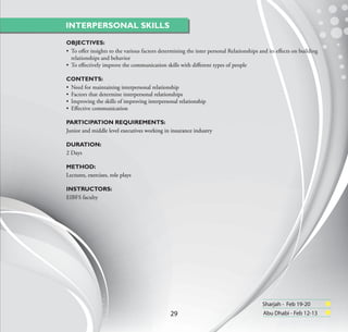 INTERPERSONAL SKILLS

OBJECTIVES:
• To oﬀer insights to the various factors determining the inter personal Relationships and its eﬀects on building
  relationships and behavior
• To eﬀectively improve the communication skills with diﬀerent types of people

CONTENTS:
• Need for maintaining interpersonal relationship
• Factors that determine interpersonal relationships
• Improving the skills of improving interpersonal relationship
• Eﬀective communication

PARTICIPATION REQUIREMENTS:
Junior and middle level executives working in insurance industry

DURATION:
2 Days

METHOD:
Lectures, exercises, role plays

INSTRUCTORS:
EIBFS faculty




                                                                                        Sharjah - Feb 19-20
                                              29                                        Abu Dhabi - Feb 12-13
 