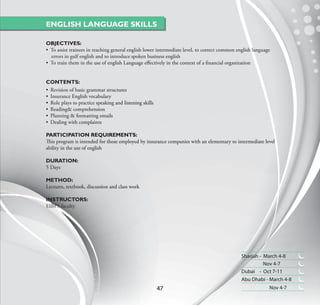 ENGLISH LANGUAGE SKILLS

OBJECTIVES:
• To assist trainees in reaching general english lower intermediate level, to correct common english language
  errors in gulf english and to introduce spoken business english
• To train them in the use of english Language eﬀectively in the context of a ﬁnancial organization


CONTENTS:
• Revision of basic grammar structures
• Insurance English vocabulary
• Role plays to practice speaking and listening skills
• Reading& comprehension
• Planning & formatting emails
• Dealing with complaints

PARTICIPATION REQUIREMENTS:
This program is intended for those employed by insurance companies with an elementary to intermediate level
ability in the use of english

DURATION:
5 Days

METHOD:
Lectures, textbook, discussion and class work

INSTRUCTORS:
EIBFS faculty




                                                                                               Sharjah - March 4-8
                                                                                                         Nov 4-7
                                                                                               Dubai - Oct 7-11
                                                                                               Abu Dhabi - March 4-8
                                                         47                                                 Nov 4-7
 
