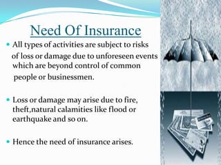 Need Of Insurance
 All types of activities are subject to risks
of loss or damage due to unforeseen events
which are beyond control of common
people or businessmen.
 Loss or damage may arise due to fire,
theft,natural calamities like flood or
earthquake and so on.
 Hence the need of insurance arises.
 