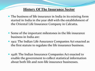 History Of The Insurance Sector
 The business of life insurance in India in its existing form
started in India in the year 1818 with the establishment of
the Oriental Life Insurance Company in Calcutta.
 Some of the important milestones in the life insurance
business in India are:
 1912: The Indian Life Assurance Companies Act enacted as
the first statute to regulate the life insurance business.
 1928: The Indian Insurance Companies Act enacted to
enable the government to collect statistical information
about both life and non-life insurance businesses.
 