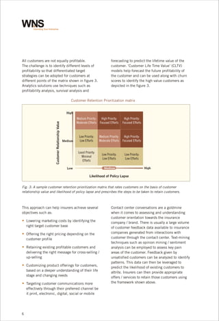 forecasting to predict the lifetime value of the
customer. ‘Customer Life Time Value’ (CLTV)
models help forecast the future profitability of
the customer and can be used along with churn
scores to identify the high value customers as
depicted in the figure 3.

All customers are not equally profitable.
The challenge is to identify different levels of
profitability so that differentiated target
strategies can be adopted for customers at
different points of the matrix shown in figure 3.
Analytics solutions use techniques such as
profitability analysis, survival analysis and

Customer Retention Prioritization matrix

Customer Relationship Value

High

Medium Priority:
Moderate Efforts

Medium

Low Priority:
Low Efforts

High Priority:
Focused Efforts

High Priority:
Focused Efforts

Medium Priority: High Priority:
Moderate Efforts Focused Efforts

Least Priority:
Minimal
Efforts

Low Priority:
Low Efforts

Low Priority:
Low Efforts

Medium

Low

High

Likelihood of Policy Lapse
Fig. 3: A sample customer retention prioritization matrix that rates customers on the basis of customer
relationship value and likelihood of policy lapse and prescribes the steps to be taken to retain customers.

This approach can help insurers achieve several
objectives such as:

§
Lowering marketing costs by identifying the
right target customer base

§
Offering the right pricing depending on the
customer profile

§
Retaining existing profitable customers and
delivering the right message for cross-selling /
up-selling

§
Customizing product offerings for customers,
based on a deeper understanding of their life
stage and changing needs

§
Targeting customer communications more
effectively through their preferred channel be
it print, electronic, digital, social or mobile

6

Contact center conversations are a goldmine
when it comes to assessing and understanding
customer orientation towards the insurance
company / brand. There is usually a large volume
of customer feedback data available to insurance
companies generated from interactions with
customer through the contact center. Text-mining
techniques such as opinion mining / sentiment
analysis can be employed to assess key pain
areas of the customer. Feedback given by
unsatisfied customers can be analyzed to identify
patterns. This data can then be leveraged to
predict the likelihood of existing customers to
attrite. Insurers can then provide appropriate
offers / services to retain those customers using
the framework shown above.

 