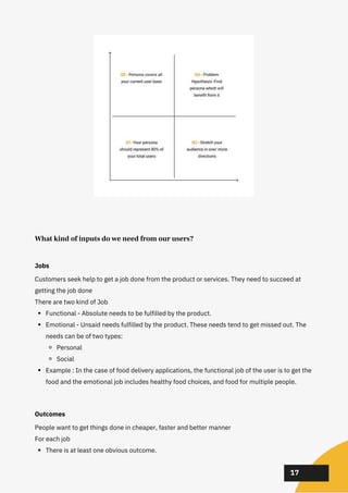 02
02
02
17
What kind of inputs do we need from our users?
Jobs
Functional - Absolute needs to be fulfilled by the product.
Emotional - Unsaid needs fulfilled by the product. These needs tend to get missed out. The
needs can be of two types:
Personal
Social
Example : In the case of food delivery applications, the functional job of the user is to get the
food and the emotional job includes healthy food choices, and food for multiple people.
Customers seek help to get a job done from the product or services. They need to succeed at
getting the job done
There are two kind of Job
Outcomes
There is at least one obvious outcome.
People want to get things done in cheaper, faster and better manner
For each job
 
