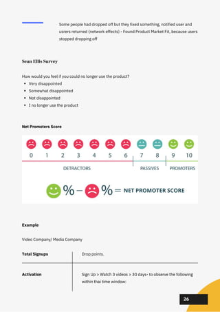 02
02
02
26
Very disappointed
Somewhat disappointed
Not disappointed
I no longer use the product
Sean Ellis Survey
How would you feel if you could no longer use the product?
Example
Video Company/ Media Company
Net Promoters Score
Some people had dropped off but they fixed something, notified user and
usrers returned (network effects) - Found Product Market Fit, because users
stopped dropping off
Total Signups
Total Signups
Activation
Activation Sign Up > Watch 3 videos > 30 days- to observe the following
within thai time window
Sign Up > Watch 3 videos > 30 days- to observe the following
within thai time window:
Drop points.
 