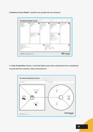 02
02
02
31
2. Value Proposition Canvas -A tool that helps ensure that a product/service is positioned
around what the customer values and needs are.
Business Canvas Model - Good for new product for new business
1.
 