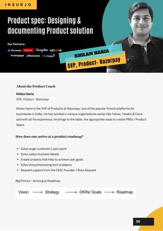 02
02
02
02
02
Khilan Haria is the SVP of Products at Razorpay, one of the popular fintech platforms for
businesses in India. He has worked in various organizations earlier like Yahoo, Treebo & Cisco
and with all his experience, he brings to the table, the appropriate ways to create PRDs / Product
Specs
Product spec: Designing &
documenting Product solution
I N S U R J O
SVP, Product- Razorpay
KHILAN HARIA
About the Product Coach
Solve larger customer’s pain point
Solve sales/ business Needs
Create projects that help to achieve user goals
Solve shiny/interesting tech problems
Request support from the CEO/ Founder / Boss Request
Big Picture - Arriving at Roadmap
How does one arrive at a product roadmap?
35
Khilan Haria
SVP, Product - Razorpay
Our Partners:
 