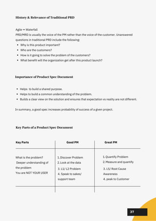 02
02
02
37
History & Relevance of Traditional PRD
Why is this product important?
Who are the customers?
How is it going to solve the problem of the customers?
What benefit will the organization get after this product launch?
Agile ↔ Waterfall
PRD/MRD is usually the voice of the PM rather than the voice of the customer. Unanswered
questions in traditional PRD include the following:
Importance of Product Spec Document
Helps to build a shared purpose.
Helps to build a common understanding of the problem.
Builds a clear view on the solution and ensures that expectation vs reality are not different.
In summary, a good spec increases probability of success of a given project.
Key Parts of a Product Spec Document
Key Parts
Discover Problem
Look at the data
1.
2.
Quantify Problem
Measure and quantify
1.
2.
Great PM
Good PM
What is the problem?
Deeper understanding of
the problem
You are NOT YOUR USER
3. L1/ L2 Problem
4. Speak to sakes/
support team
3. L5/ Root Cause
Awareness
4. peak to Customer
 