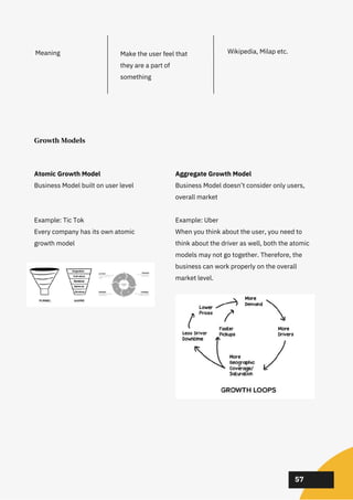 02
02
02
57
Meaning Make the user feel that
they are a part of
something
Wikipedia, Milap etc.
Growth Models
Atomic Growth Model
Business Model built on user level
Example: Tic Tok
Every company has its own atomic
growth model
Aggregate Growth Model
Business Model doesn’t consider only users,
overall market
Example: Uber
When you think about the user, you need to
think about the driver as well, both the atomic
models may not go together. Therefore, the
business can work properly on the overall
market level.
 