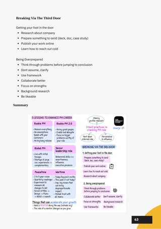 02
02
02
63
Research about company
Prepare something to send (deck, doc, case study)
Publish your work online
Learn how to reach out cold
Think through problems before jumping to conclusion
Dont assume, clarify
Use framework
Collaborate better
Focus on strengths
Background research
Be likeable
Getting your foot in the door
Being Overprepared
Summary
Breaking Via The Third Door
 