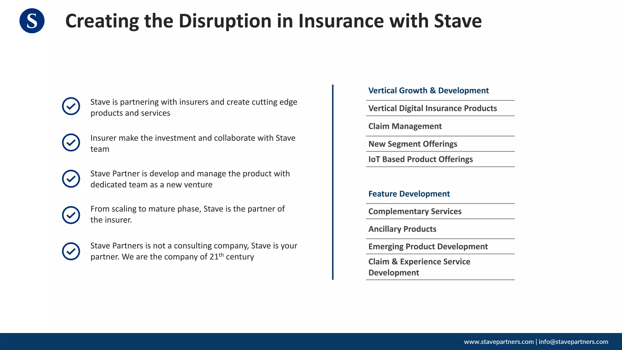 Creating the Disruption in Insurance with Stave
www.stavepartners.com | info@stavepartners.com
Vertical Growth & Development
Vertical Digital Insurance Products
Claim Management
New Segment Offerings
IoT Based Product Offerings
Feature Development
Complementary Services
Ancillary Products
Emerging Product Development
Claim & Experience Service
Development
Stave is partnering with insurers and create cutting edge
products and services
Insurer make the investment and collaborate with Stave
team
Stave Partner is develop and manage the product with
dedicated team as a new venture
From scaling to mature phase, Stave is the partner of
the insurer.
Stave Partners is not a consulting company, Stave is your
partner. We are the company of 21th century
 