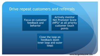 Drive repeat customers and referrals
Focus on customer
feedback and
behavior
Actively monitor
Net Promoter Score
(NPS)* at all priority
customer touch
points
Close the loop on
feedback (both
inner loop and outer
loop)
www.DurgeshKaushik.com
 