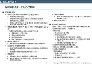 Copyright © 2017 Mori Hamada & Matsumoto All rights reserved.‐ 5‐
保険会社のマーケティング規制
 保険募集規制
 募集の定義「保険契約の締結の代理又は媒介」
• 保険契約の締結の勧誘
• 保険契約の締結の勧誘を目的とした保険商品の内容説明
• 保険契約の申込の受領
• その他 ①募集行為との一体性・連続性 ②具体的な保険商品の
推奨・説明 を総合的に判断
 募集関連行為（保険マーケティングのうち募集に該当しないも
の）
・ 代理店又は保険会社との契約のなかで以下に注意
 募集に該当する行為の禁止
 特別の利益提供の禁止
 個人情報の取扱い
 虚偽又は誤解を与える情報提供の禁止
 構成員契約規制
• 生保代理店は密接関係者に一分野保険を売ることができない
 自己契約・特定契約規制
• 損保代理店が密接関係者に売ることができる保険は、取扱保険料の
50％まで
• 取扱保険料の30％を超えると保険会社からアラート
 窓販規制
• 金融機関を経由した保険販売につき厳格な規制
• 銀行APIを経由して預金残高を把握できる一般代理店には銀行窓
販規制は課されない
2．規制上のアジェンダ
 募集文書規制
• 募集に該当する保険マーケティング文書はすべて保険会社の
事前承認が必要
 保険アフィリエイト
 特別利益提供の禁止
 趣旨：保険ニーズ以外のもので保険取引を誘引することは不適切
 保険料の割引・割戻し：1円でも不可
 特別の利益
• 前払式支払手段：禁止
• 特別利益の三要件
 経済的価値・内容が社会相当性を越えない
 換金性の程度と使途の範囲に照らして実質的に割引・割戻
に該当しない
 契約者間の公平性を著しく害しない
 保険契約の締結又は保険募集に「関し」
 保険会社・保険募集人以外の者からの提供
 300条2項による対応
 具体的な論点
• 他業サービスの割引と三要件の関係
• 懸賞の提供
• 募集関連行為従事者によるキャンペーン管理
 