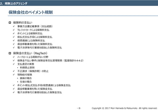 Copyright © 2017 Mori Hamada & Matsumoto All rights reserved.‐ 8‐
保険会社のペイメント規制
 保険料の支払い
 事業方法書記載事項（支払経路）
 クレジットカードによる保険料支払
 ポイントによる保険料支払
 前払式支払手段による保険料支払
 仮想通貨による保険料支払
 資金移動業者を用いた保険料支払
 電子決済等代行業者を経由した保険料支払
 保険金の支払い（RegTech）
 ハードローによる規制がない分野
 保険金不払い事件と保険金等支払管理態勢（監督指針II-4-4-2）
 支払査定の実務
• 利得禁止原則
 不正請求（保険詐欺）の防止
 現物給付保険
• 損保の場合
• 生保の場合
 ポイント/前払式支払手段/仮想通貨による保険金支払
 資金移動業者を用いた保険金支払
 電子決済等代行業者を経由した保険金支払
2．規制上のアジェンダ
 