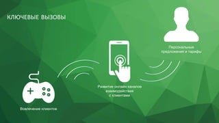 КЛЮЧЕВЫЕ ВЫЗОВЫ
Развитие онлайн каналов
взаимодействия
с клиентами
Персональные
предложения и тарифы
Вовлечение клиентов
 