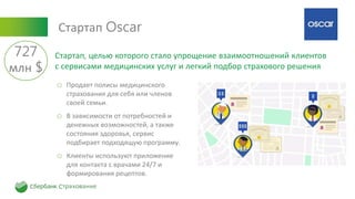 Стартап Oscar
o Продает полисы медицинского
страхования для себя или членов
своей семьи.
o В зависимости от потребностей и
денежных возможностей, а также
состояния здоровья, сервис
подбирает подходящую программу.
o Клиенты используют приложение
для контакта с врачами 24/7 и
формирования рецептов.
Стартап, целью которого стало упрощение взаимоотношений клиентов
с сервисами медицинских услуг и легкий подбор страхового решения
727
млн $
 