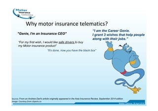 Why motor insurance telematics?
“I am the Career Genie.
I grant 3 wishes that help people
along with their jobs.”
“For my ...