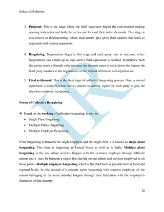 Industrial Relations
30
3. Proposal: This is the stage where the chief negotiator begins the conversation making
opening statements and both the parties put forward their initial demands. This stage is
also known as Brainstorming, where each parties give gives their opinion that leads to
arguments and counter arguments.
4. Bargaining: Negotiations begin at this stage and each party tries to win over other.
Negotiations can extend up to days until a final agreement is reached. Sometimes, both
the parties reach a friendly solution soon, but in some cases to settle down the dispute the
third party involves in the negotiations in the form of arbitration and adjudication.
5. Final settlement: This is the final stage of collective bargaining process. Here, a mutual
agreement is made between the two parties in writing, signed by each party to give the
decision a universal acceptance.
Forms of Collective Bargaining
 Based on the working of collective bargaining, it may be
 Single Plant Bargaining
 Multiple Plants Bargaining
 Multiple Employer Bargaining
If the bargaining is between the single employer and the single firm, it is known as single plant
bargaining. This form is happening in United States as well as in India. Multiple plant
bargaining is the one where workers bargain with the common employer through different
unions and it may be between a single firm having several plants and workers employed in all
those plants. Multiple employer bargaining which is the third form is possible both at local and
regional levels. In this, instead of a separate union bargaining with separate employer, all the
unions belonging to the same industry bargain through their federation with the employer’s
federation of that industry.
 