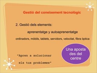 Gestió del coneixement tecnològic 
2. Gestió dels elements: 
aprenentatge y autoaprenentatge 
ordinadors, mòbils, tablets, servidors, velocitat, fibra òptica 
“Apren a solucionar 
els tus problemes” 
Una aposta 
des del 
centre 
 