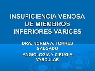 INSUFICIENCIA VENOSAINSUFICIENCIA VENOSA
DE MIEMBROSDE MIEMBROS
INFERIORES VARICESINFERIORES VARICES
DRA. NORMA A. TORRESDRA. NORMA A. TORRES
SALGADOSALGADO
ANGIOLOGIA Y CIRUGIAANGIOLOGIA Y CIRUGIA
VASCULARVASCULAR
 