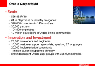 Oracle Corporation

• Scale
  –   $26.8B FY10
  –   #1 in 50 product or industry categories
  –   370,000 customers in 145 countries
  –   30,000 partners
  –   104,500 employees
  –   10 million developers in Oracle online communities
• Innovation and Investment
  –   29,000 developers and engineers
  –   15,500 customer support specialists, speaking 27 languages
  –   20,000 implementation consultants
  –   1 million students supported annually
  –   870 independent Oracle user groups with 355,000 members
 