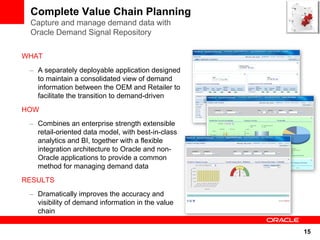 Complete Value Chain Planning
 Capture and manage demand data with
 Oracle Demand Signal Repository

WHAT
 – A separately deployable application designed
   to maintain a consolidated view of demand
   information between the OEM and Retailer to
   facilitate the transition to demand-driven
HOW
 – Combines an enterprise strength extensible
   retail-oriented data model, with best-in-class
   analytics and BI, together with a flexible
   integration architecture to Oracle and non-
   Oracle applications to provide a common
   method for managing demand data
RESULTS
 – Dramatically improves the accuracy and
   visibility of demand information in the value
   chain

                                                    15
 