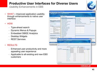 Productive User Interfaces for Diverse Users
    Usability Enhancements in EBS

• WHAT – Improved application usability
  through enhancements to native user
  interface

• HOW
   –   Type-ahead search
   –   Dynamic Menus & Popups
   –   Embedded OBIEE Analytics
   –   Desktop Widgets
   –   REST Services

• RESULTS
   – Enhanced user productivity and more
     appealing user experience
   – Applicable to all existing and new EBS
     customers




                                                   43
 