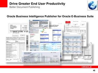Drive Greater End User Productivity
 Better Document Publishing


Oracle Business Intelligence Publisher for Oracle E-Business Suite




                                                                 46
 