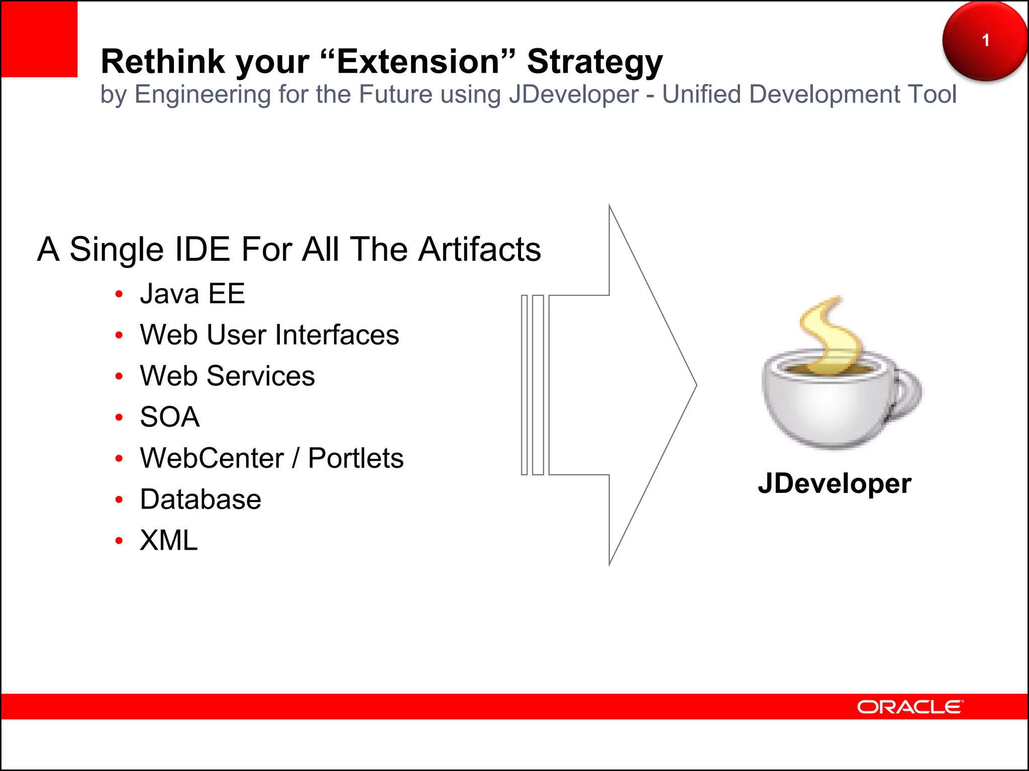 1
    Rethink your “Extension” Strategy
    by Engineering for the Future using JDeveloper - Unified Development Tool




A Single IDE For All The Artifacts
     •   Java EE
     •   Web User Interfaces
     •   Web Services
     •   SOA
     •   WebCenter / Portlets
                                                           JDeveloper
     •   Database
     •   XML
 