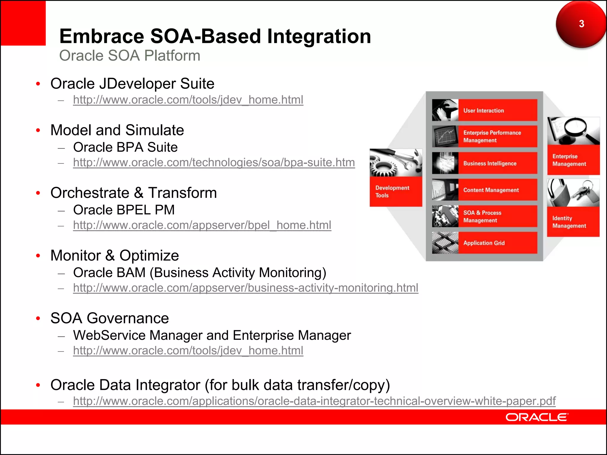 3
   Embrace SOA-Based Integration
   Oracle SOA Platform
• Oracle JDeveloper Suite
   – http://www.oracle.com/tools/jdev_home.html

• Model and Simulate
   – Oracle BPA Suite
   – http://www.oracle.com/technologies/soa/bpa-suite.htm

• Orchestrate & Transform
   – Oracle BPEL PM
   – http://www.oracle.com/appserver/bpel_home.html

• Monitor & Optimize
   – Oracle BAM (Business Activity Monitoring)
   – http://www.oracle.com/appserver/business-activity-monitoring.html

• SOA Governance
   – WebService Manager and Enterprise Manager
   – http://www.oracle.com/tools/jdev_home.html


• Oracle Data Integrator (for bulk data transfer/copy)
   – http://www.oracle.com/applications/oracle-data-integrator-technical-overview-white-paper.pdf
 
