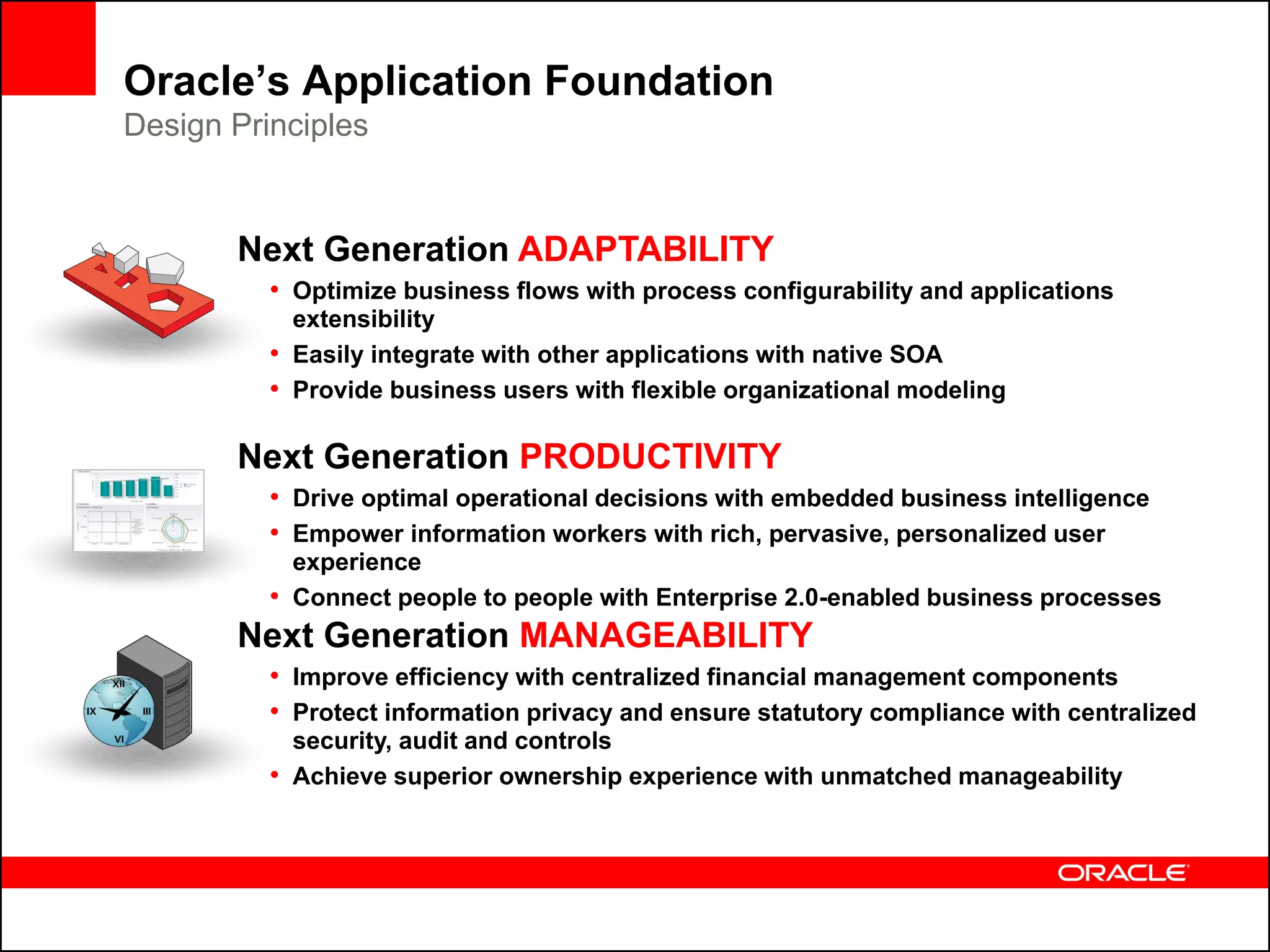 Oracle’s Application Foundation
Design Principles


       Next Generation ADAPTABILITY
          • Optimize business flows with process configurability and applications
            extensibility
          • Easily integrate with other applications with native SOA
          • Provide business users with flexible organizational modeling

       Next Generation PRODUCTIVITY
          • Drive optimal operational decisions with embedded business intelligence
          • Empower information workers with rich, pervasive, personalized user
            experience
          • Connect people to people with Enterprise 2.0-enabled business processes
       Next Generation MANAGEABILITY
          • Improve efficiency with centralized financial management components
          • Protect information privacy and ensure statutory compliance with centralized
            security, audit and controls
          • Achieve superior ownership experience with unmatched manageability
 