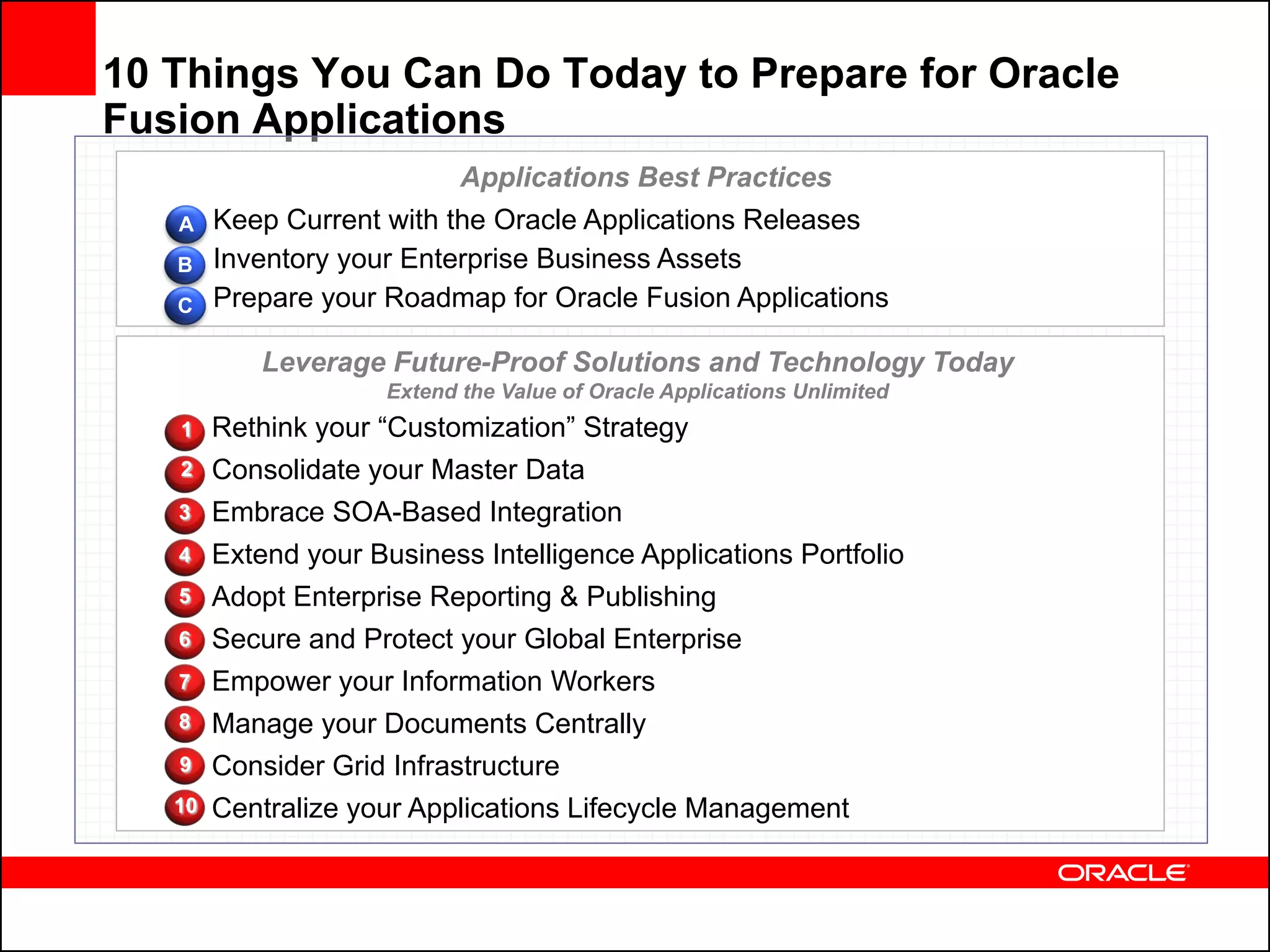10 Things You Can Do Today to Prepare for Oracle
Fusion Applications
                             Applications Best Practices
   A    Keep Current with the Oracle Applications Releases
   B    Inventory your Enterprise Business Assets
   C    Prepare your Roadmap for Oracle Fusion Applications

            Leverage Future-Proof Solutions and Technology Today
                      Extend the Value of Oracle Applications Unlimited
   1    Rethink your “Customization” Strategy
   2    Consolidate your Master Data
   3    Embrace SOA-Based Integration
   4    Extend your Business Intelligence Applications Portfolio
   5    Adopt Enterprise Reporting & Publishing
   6    Secure and Protect your Global Enterprise
   7    Empower your Information Workers
   8    Manage your Documents Centrally
   9    Consider Grid Infrastructure
   10   Centralize your Applications Lifecycle Management
 
