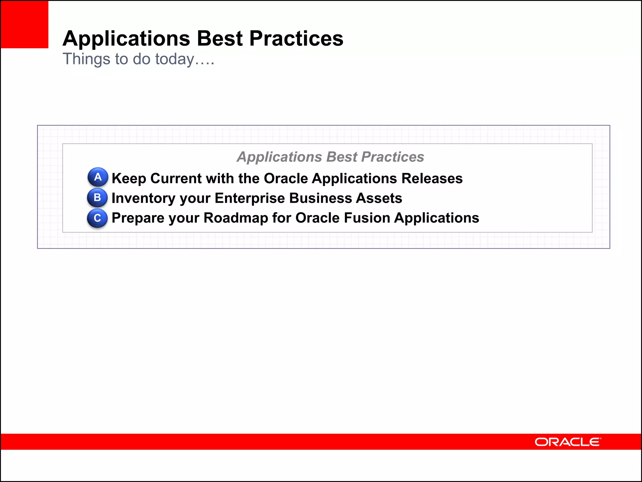 Applications Best Practices
Things to do today….




                         Applications Best Practices
    A   Keep Current with the Oracle Applications Releases
    B   Inventory your Enterprise Business Assets
    C   Prepare your Roadmap for Oracle Fusion Applications
 