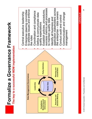 Formalize a Governance Framework
            The key to a successful MDM implementation


                                                                                  • Central executive leadership
                                                                                  • Enterprise steering committee
                   Data Management Governance
                                                                                    to arbitrate issues and enforce
                                                                                    the rules
                                   Leadership                                     • Coordination and compliance
                                                                                  • Define & communicate data
   Compliance                                                                       quality expectations
  Monitoring and                                              Policy Definition
   Enforcement
                                                                                  • Establish policies, procedures,
                                  Master Data
                                                                                    success metrics and processes
                                                                                    to maintain quality data
                                                                                  • Identify all business and
          Execution and                                    Planning and             application stakeholders across
         Decision-Making                                   Coordination             the enterprise – data owners
                                                                                  • Conduct audit and control
                                                                                  • Communication and change
                                                                                    management




© 2010 Oracle Corporation – Proprietary and Confidential                                                        29
 