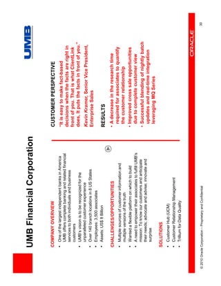 UMB Financial Corporation

              COMPANY OVERVIEW                                        CUSTOMER PERSPECTIVE
              • One of the largest independent banks in America       “It is easy to make fact-based
                  UMB offers complete banking and related financial
                  services to both individuals and business
                                                                      decisions when the facts are right in
                  customers                                           front of you. That is what ClientLink
              •   UMB’s vision is to be recognized for the            does, It puts the facts in front of you.”
                  unparalleled customer experience                    Kevin Kramer, Senior Vice President,
              •   Over 140 branch locations in 8 US States            Enterprise Sales
              •   Employees: 3,500 associates
              •   Assets: US$ 8 Billion                               RESULTS
              CHALLENGES/OPPORTUNITIES                                • A decrease in the research time
              • Multiple sources of customer information and            required for associates to quantify
                  multiple versions of the truth                        the customer relationship
              • Wanted a flexible platform on which to build          • Improved cross sale opportunities
              • A need to empower their associates to fulfill UMB’s     due to complete customer view
                  mission: To know our customers and anticipate       • Successful blending of nightly batch
                  their needs; advocate and advise; innovate and
                  surprise
                                                                        updates and real-time integration
                                                                        leveraging MQ Series
              SOLUTIONS
              • Customer Hub (UCM)
              • Customer Relationship Management
              • Trillium for Data Quality



© 2010 Oracle Corporation – Proprietary and Confidential                                                          30
 