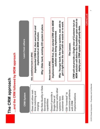 The CRM approach
             …and the CRM followed by MDM approach


                      CRM System                                                 Learn from others


             • Does not allow real-                        Old, established bank in APAC
               time matching and                                  Implemented CRM first, then went back and
               merging                                                  implemented an MDM solution.
             • No Data Quality or Data                           Why: Older bank, existing CIS system in place.
               Governance
               capabilities
                                                           Newer bank in APAC
             • Doesn’t provide a
                                                             Implemented MDM first, then started CRM while MDM
               Single View of
                                                                      solution was being implemented.
               Customer while other
               systems have                                  Why: Younger bank, few legacy systems, was able to
               customer data                                  get it right from the start with no waste or re-work.
             • CDI “invented” to
               overcome problems                                                    The Lesson.
               with CRM
               implementations                              CRM will not provide a Single view of Customer but an
                                                            MDM solution will deliver the foundation upon which to
                                                                 deploy your CRM system with quality data.




© 2010 Oracle Corporation – Proprietary and Confidential                                                              7
 