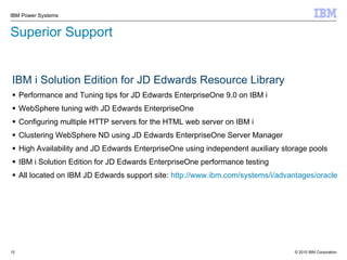 Superior Support IBM i Solution Edition for JD Edwards Resource Library Performance and Tuning tips for JD Edwards EnterpriseOne 9.0 on IBM i WebSphere tuning with JD Edwards EnterpriseOne Configuring multiple HTTP servers for the HTML web server on IBM i  Clustering WebSphere ND using JD Edwards EnterpriseOne Server Manager High Availability and JD Edwards EnterpriseOne using independent auxiliary storage pools IBM i Solution Edition for JD Edwards EnterpriseOne performance testing All located on IBM JD Edwards support site:  http://www.ibm.com/systems/i/advantages/oracle 