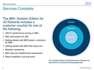 Services Complete  The IBM i Solution Edition for JD Edwards includes a customer voucher for one of the following: JDE E1 performance tuning on IBM i DB2 optimization for JDE Getting started with IBM System x solutions for IBM i Getting started with DB2 Web Query for i Migration assistance IBM i Security HealthCheck assessment Rapid Installation (coming soon) For a complete listing of JD Edwards service offerings visit: http://www.ibm.com/systems/i/advantages/oracle System Software Services 