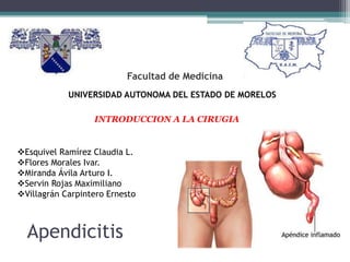 Apendicitis
UNIVERSIDAD AUTONOMA DEL ESTADO DE MORELOS
Facultad de Medicina
INTRODUCCION A LA CIRUGIA
Esquivel Ramírez Claudia L.
Flores Morales Ivar.
Miranda Ávila Arturo I.
Servin Rojas Maximiliano
Villagrán Carpintero Ernesto
 